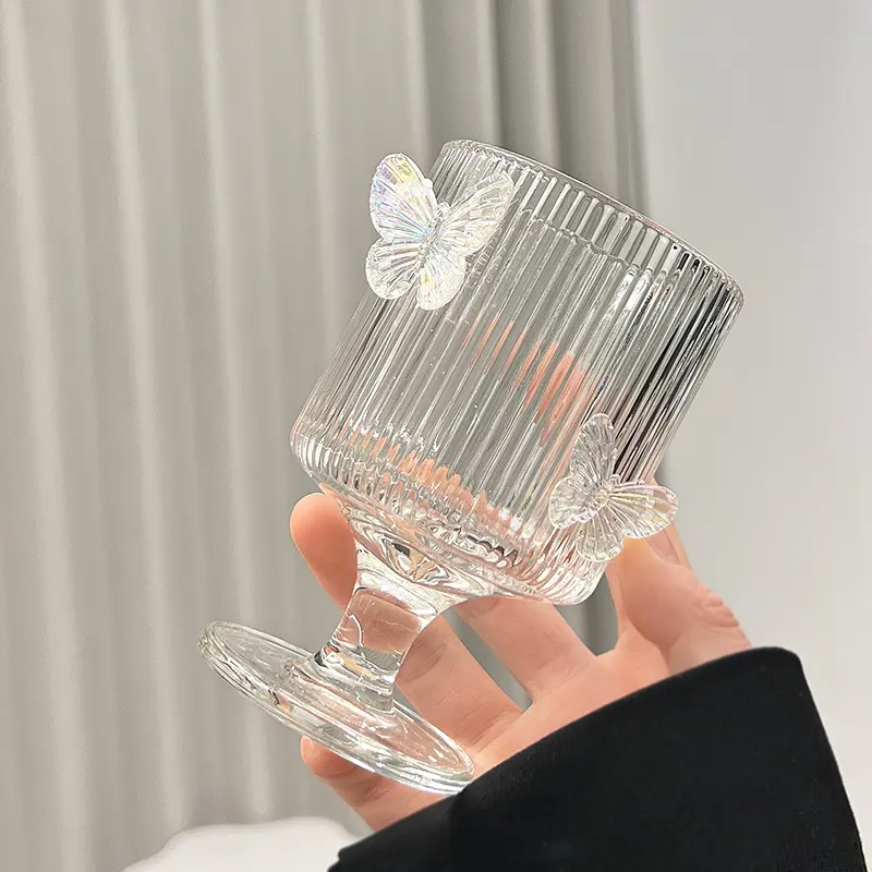 Cute Butterfly Glass Cup Aesthetic For Ice Hot Coffee Juice Wine Elegant Drinking Glasses Clear Ice Cream Dessert Cup Drinkware