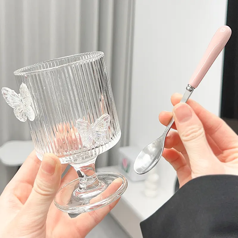 Cute Butterfly Glass Cup Aesthetic For Ice Hot Coffee Juice Wine Elegant Drinking Glasses Clear Ice Cream Dessert Cup Drinkware