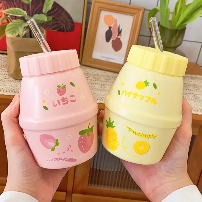 Cute Fruits Ceramic Mugs Kawaii Strawberry Peach Water Cups With Lid Straw Tea Coffee Milk Breakfast Cup Drinkware Gift 480ml