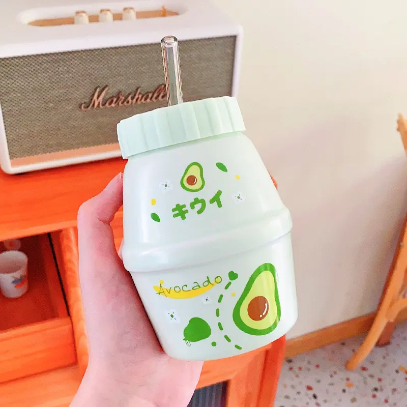 Cute Fruits Ceramic Mugs Kawaii Strawberry Peach Water Cups With Lid Straw Tea Coffee Milk Breakfast Cup Drinkware Gift 480ml