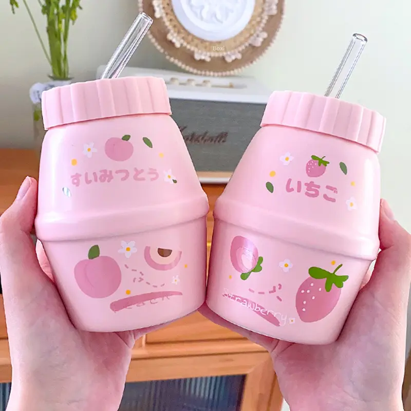 Cute Fruits Ceramic Mugs Kawaii Strawberry Peach Water Cups With Lid Straw Tea Coffee Milk Breakfast Cup Drinkware Gift 480ml