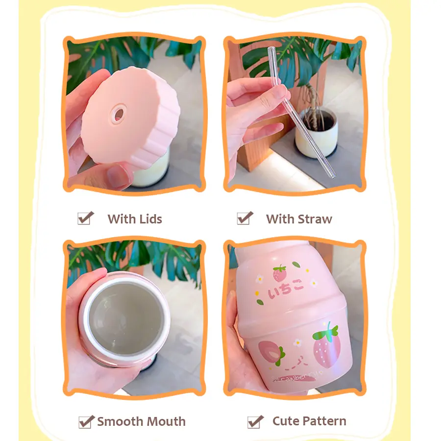 Cute Fruits Ceramic Mugs Kawaii Strawberry Peach Water Cups With Lid Straw Tea Coffee Milk Breakfast Cup Drinkware Gift 480ml