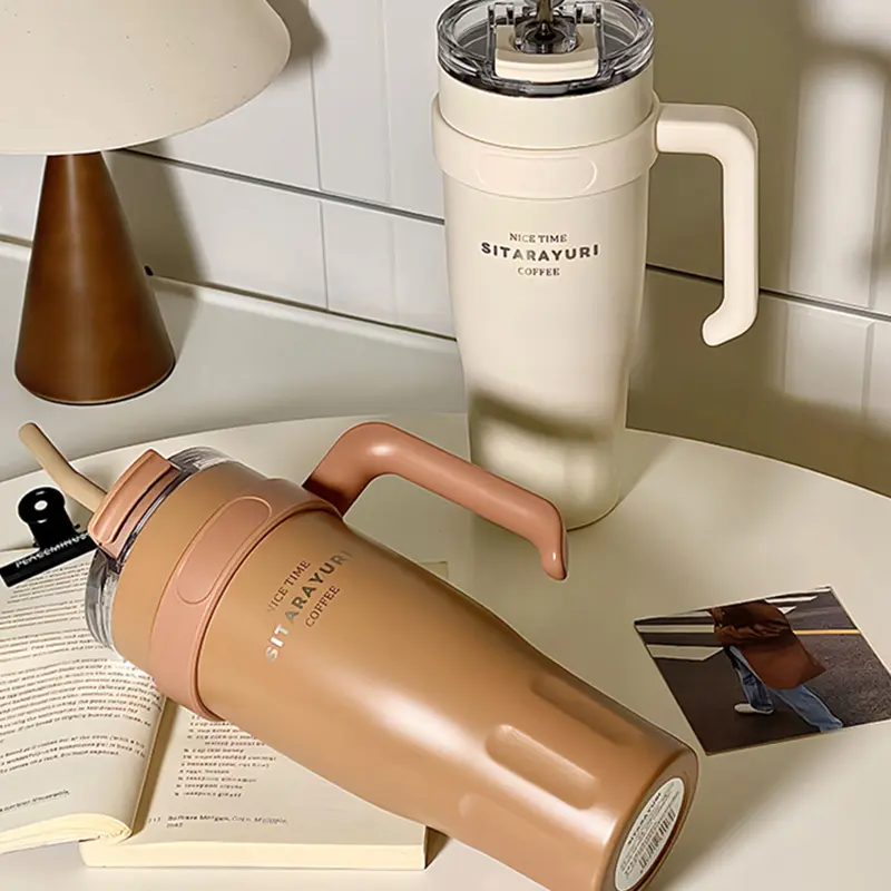 Cute Thermos Stainless Steel Vacuum Insulated Tumbler With Lid Straw Handle for Water Hot Iced Coffee Tea Gym Car Thermal Cup
