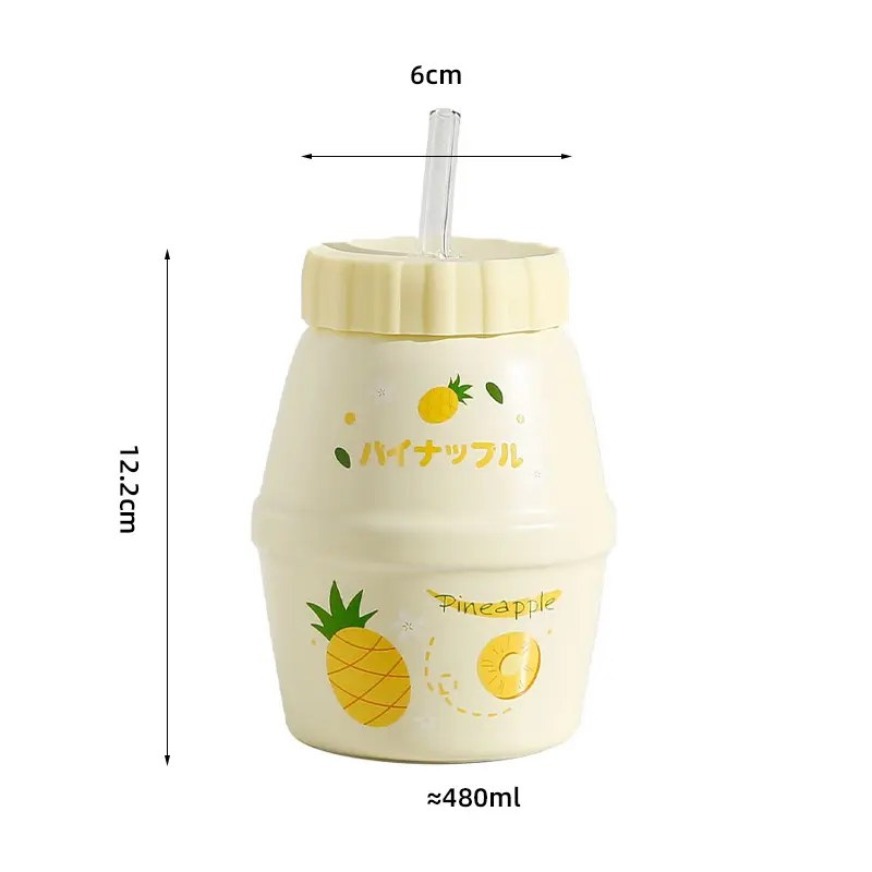 Cute Fruits Ceramic Mugs Kawaii Strawberry Peach Water Cups With Lid Straw Tea Coffee Milk Breakfast Cup Drinkware Gift 480ml