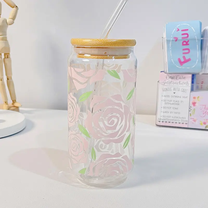 Cute Flower Glass Cups Tumber With Bamboo Lid And Straw 500ml Can Shaped Glass Cups Iced Hot Coffee Tea Juice Glasses Gift