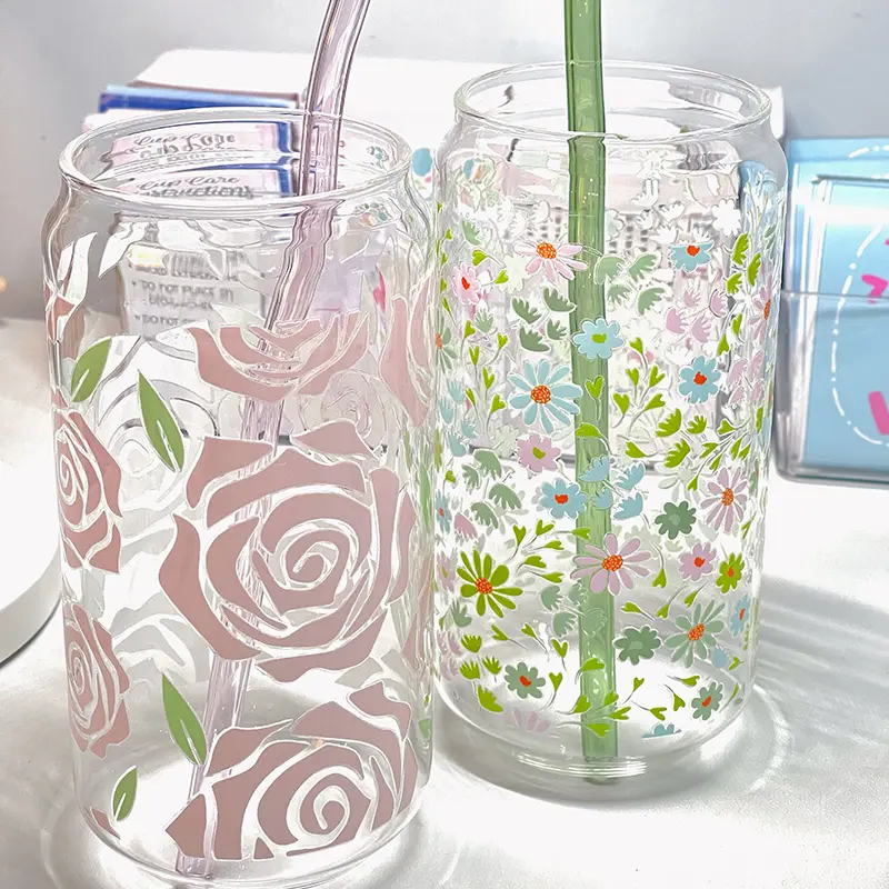 Cute Flower Glass Cups Tumber With Bamboo Lid And Straw 500ml Can Shaped Glass Cups Iced Hot Coffee Tea Juice Glasses Gift