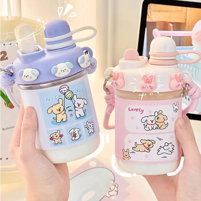 Kawaii Boba Water Bottle Aesthetic Cute Korean Kids Girl Plastic Cups With Straw Tea Infuser For Coffee Bubble Milk Tea 500ml