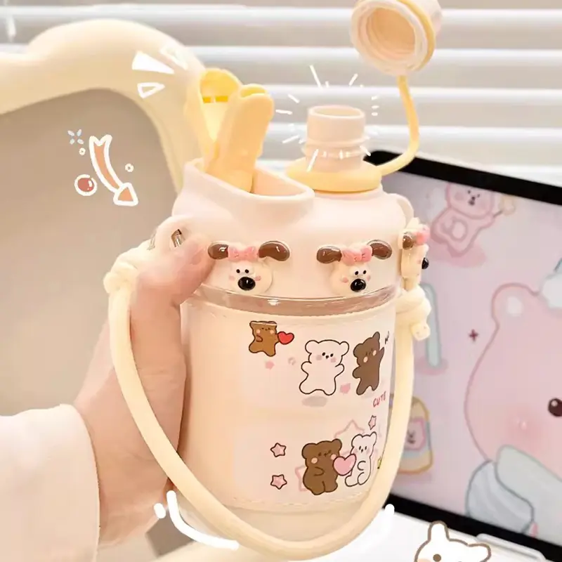 Kawaii Boba Water Bottle Aesthetic Cute Korean Kids Girl Plastic Cups With Straw Tea Infuser For Coffee Bubble Milk Tea 500ml