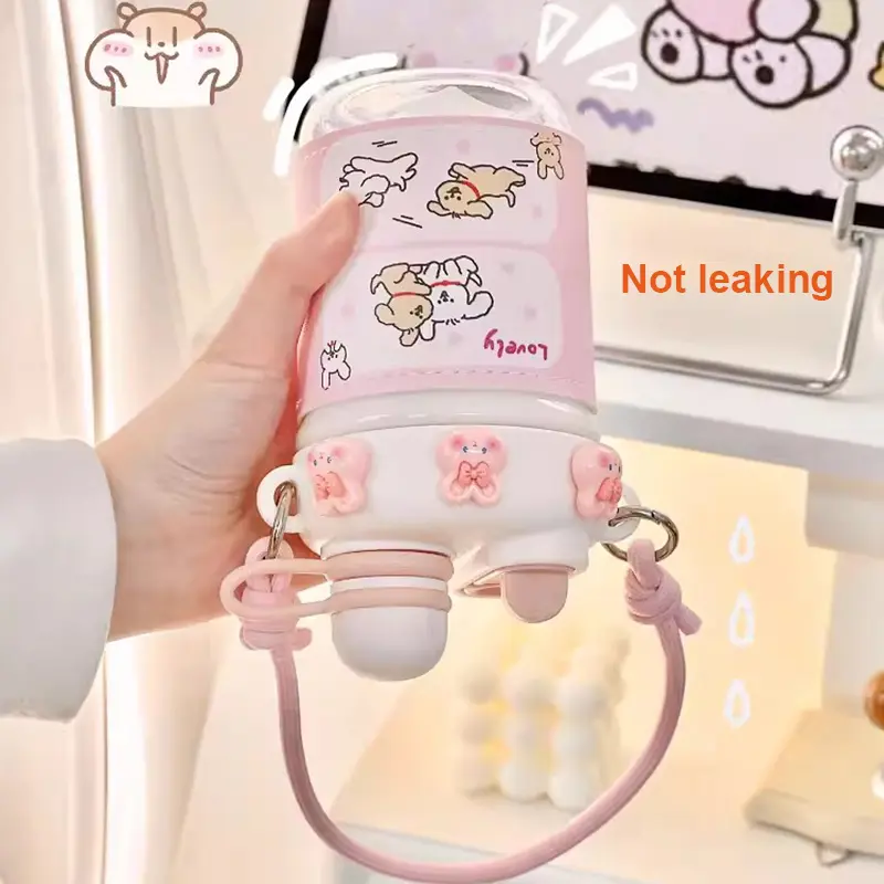 Kawaii Boba Water Bottle Aesthetic Cute Korean Kids Girl Plastic Cups With Straw Tea Infuser For Coffee Bubble Milk Tea 500ml
