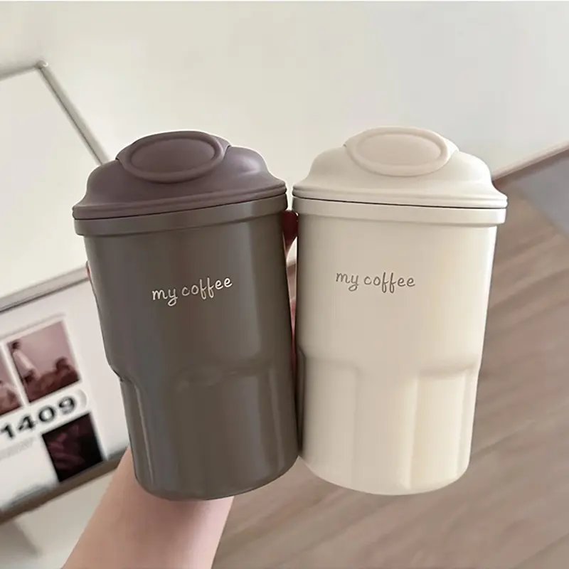 Cute Korean Coffee Cup Thermos With Straw Tumbler 450ml Sainless Steel Thermal Cup Portable Water Bottle Keep Hot Cold Cup Gift
