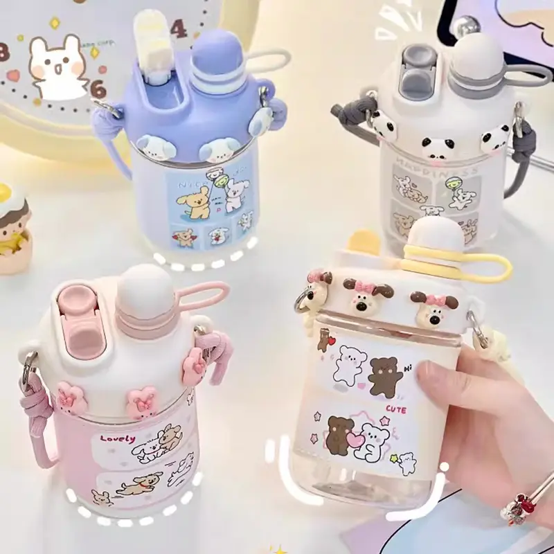 Kawaii Boba Water Bottle Aesthetic Cute Korean Kids Girl Plastic Cups With Straw Tea Infuser For Coffee Bubble Milk Tea 500ml