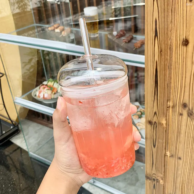 450ml Ins Simple Glass Cup With Lid Straw For Coffee Water Beer Juice Bubble Milk Tea Transparent Glass Ice Cold Drinks Tumbler