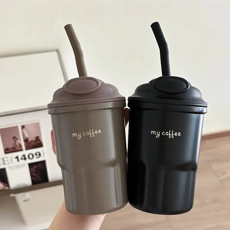 Cute Korean Coffee Cup Thermos With Straw Tumbler 450ml Sainless Steel Thermal Cup Portable Water Bottle Keep Hot Cold Cup Gift