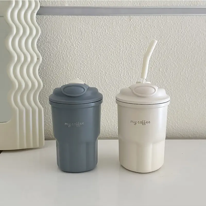 Cute Korean Coffee Cup Thermos With Straw Tumbler 450ml Sainless Steel Thermal Cup Portable Water Bottle Keep Hot Cold Cup Gift