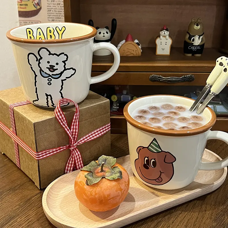Kawaii Puppy Korean Coffee Cup Mug Cute Water Ceramic Handmad Milk Tea Water Juice Mocha Lover Breakfast Cup Birthday Gift 300ml