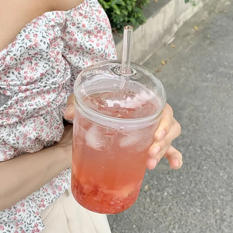 450ml Ins Simple Glass Cup With Lid Straw For Coffee Water Beer Juice Bubble Milk Tea Transparent Glass Ice Cold Drinks Tumbler