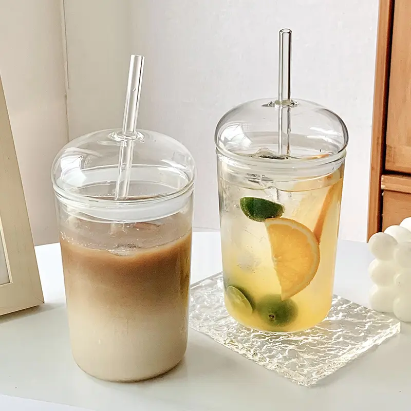 450ml Ins Simple Glass Cup With Lid Straw For Coffee Water Beer Juice Bubble Milk Tea Transparent Glass Ice Cold Drinks Tumbler