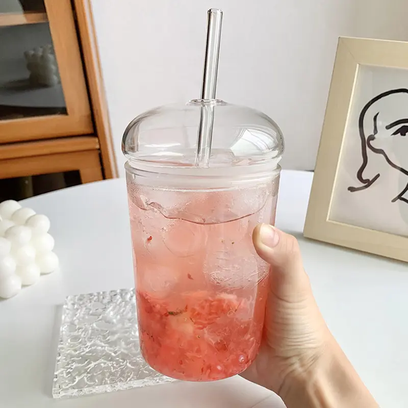 450ml Ins Simple Glass Cup With Lid Straw For Coffee Water Beer Juice Bubble Milk Tea Transparent Glass Ice Cold Drinks Tumbler