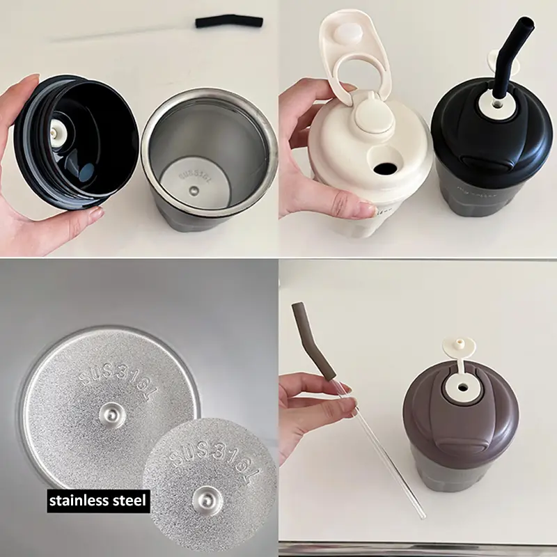Cute Korean Coffee Cup Thermos With Straw Tumbler 450ml Sainless Steel Thermal Cup Portable Water Bottle Keep Hot Cold Cup Gift