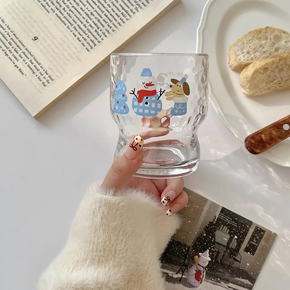 Cute Christmas Glass Cup For Coffee Juice Wine Kawaii Christmas Mug Clear Whiskey Cocktail Ice Cream Dessert Cups Gift 300ml