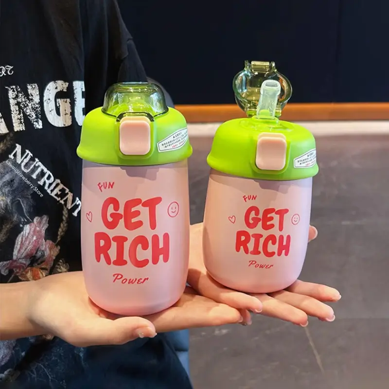 Cute Water Bottle Tumbler With Straw Stainless Steel Thermos Portable Vacuum Flask Insulated School Thermal Coffee Cup 330/420ml