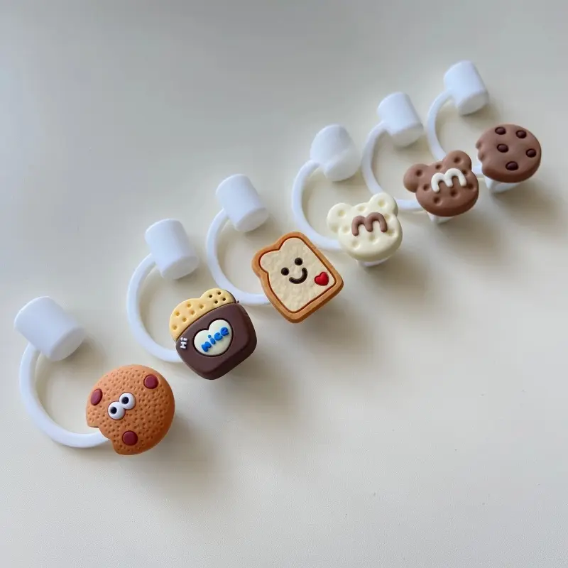 Kawaii Biscuit Straw Cover Caps For Stanley Thermos Tumbler Accessories Cute Silicone Straw Toppers Thermal Bottle Cap 7-8mm