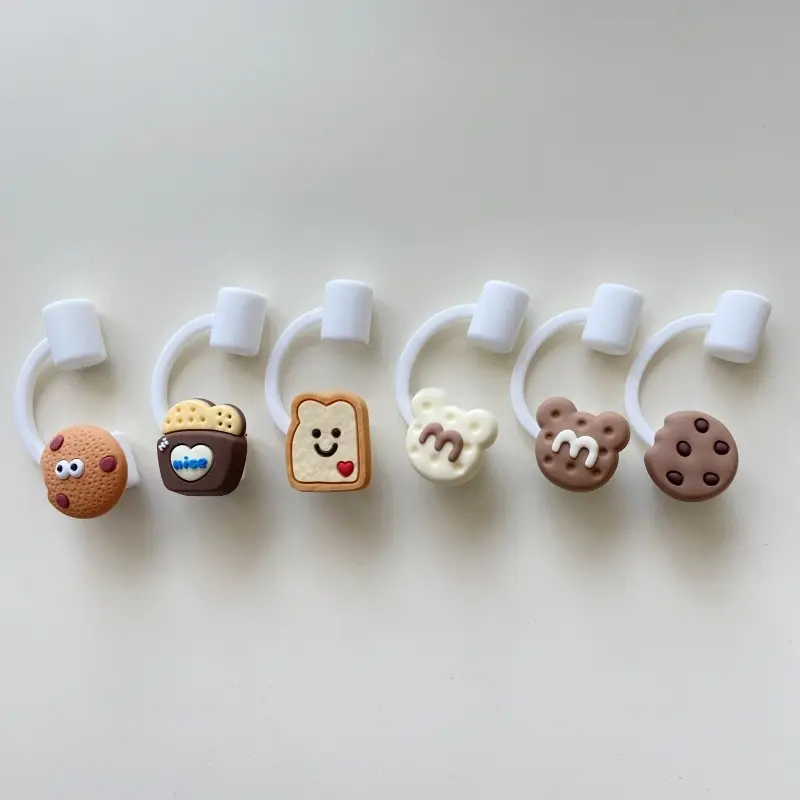 Kawaii Biscuit Straw Cover Caps For Stanley Thermos Tumbler Accessories Cute Silicone Straw Toppers Thermal Bottle Cap 7-8mm
