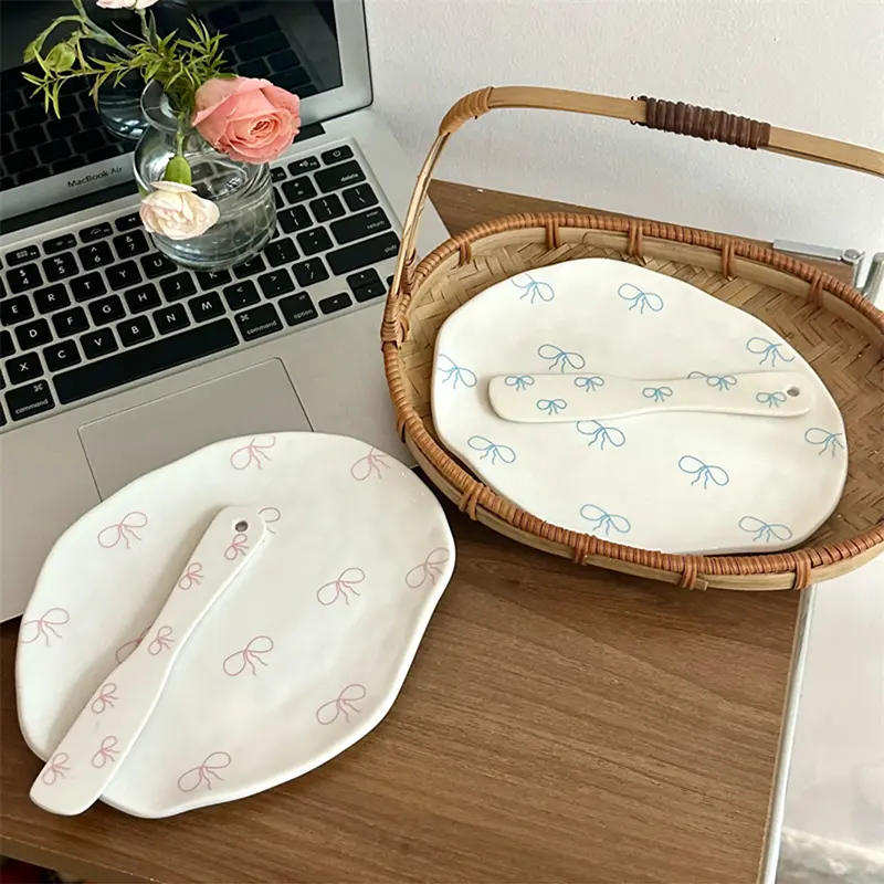 Cute Bowknot Korean Dishes Kawaii Ceramic Plate For Cake Food Dinner Breakfast Ins Dessert Salad Decorative Dish Gift 8 inch