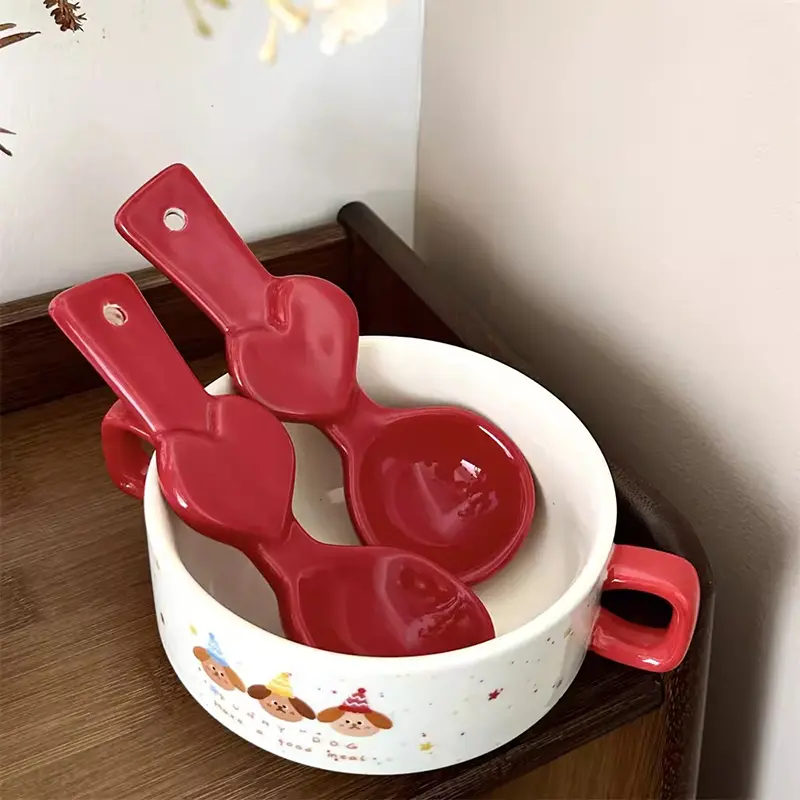 Cute Hearts Soup Spoon Korean Kawaii Ins Solid Color Ceramic Ice Cream Hand Painted Dessert Rice Pretty Spoon Kitchen Tableware