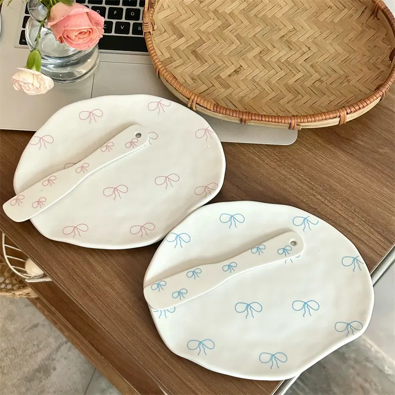 Cute Bowknot Korean Dishes Kawaii Ceramic Plate For Cake Food Dinner Breakfast Ins Dessert Salad Decorative Dish Gift 8 inch