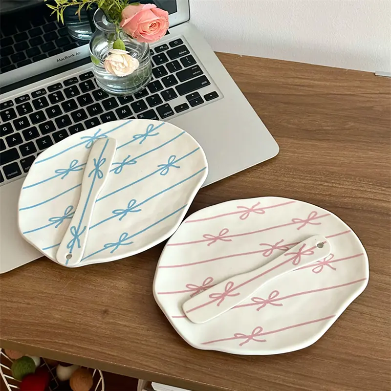 Cute Bowknot Korean Dishes Kawaii Ceramic Plate For Cake Food Dinner Breakfast Ins Dessert Salad Decorative Dish Gift 8 inch
