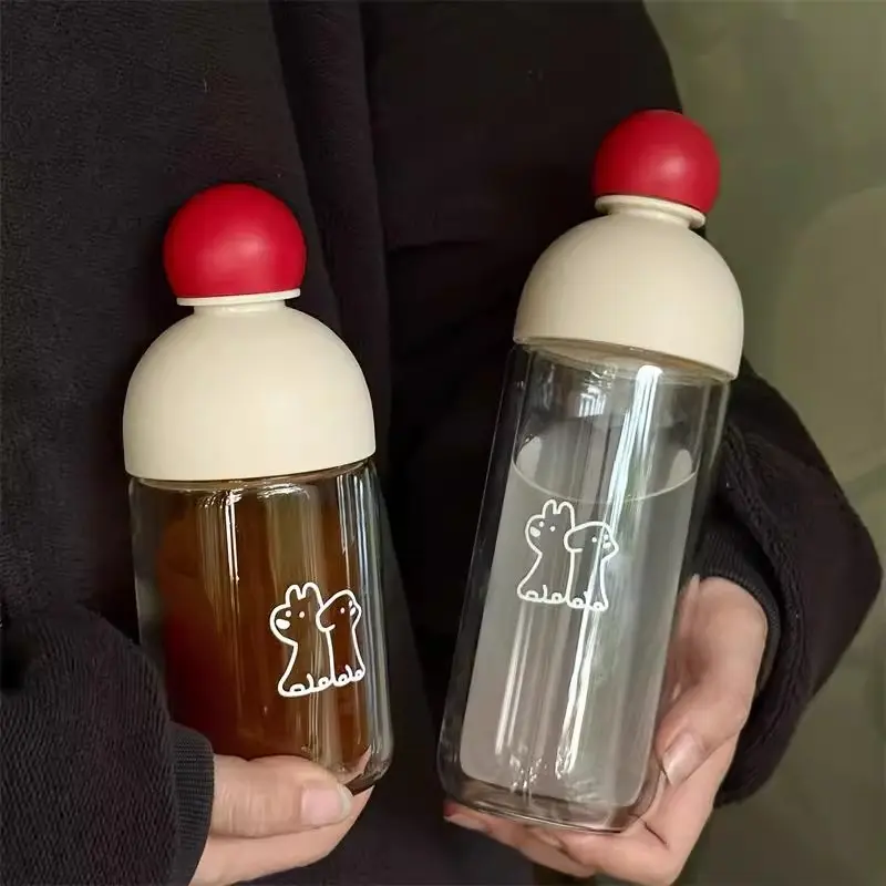 Cute Glass Coffee Cup Aesthetic Tumblers With Lid 220/330ml Glass Double Wall Tea Cup Glass Water Bottle BPA Free Christmas Gift