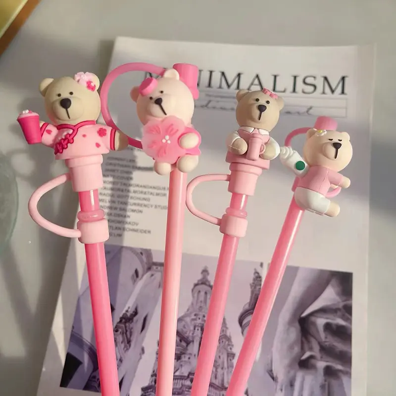 Cute Straw Toppers Kawaii Bear Straw Cover CapsSilicone Straw Tips Tumbler Accessories Resuable Decor Cover For 7-8mm Straws