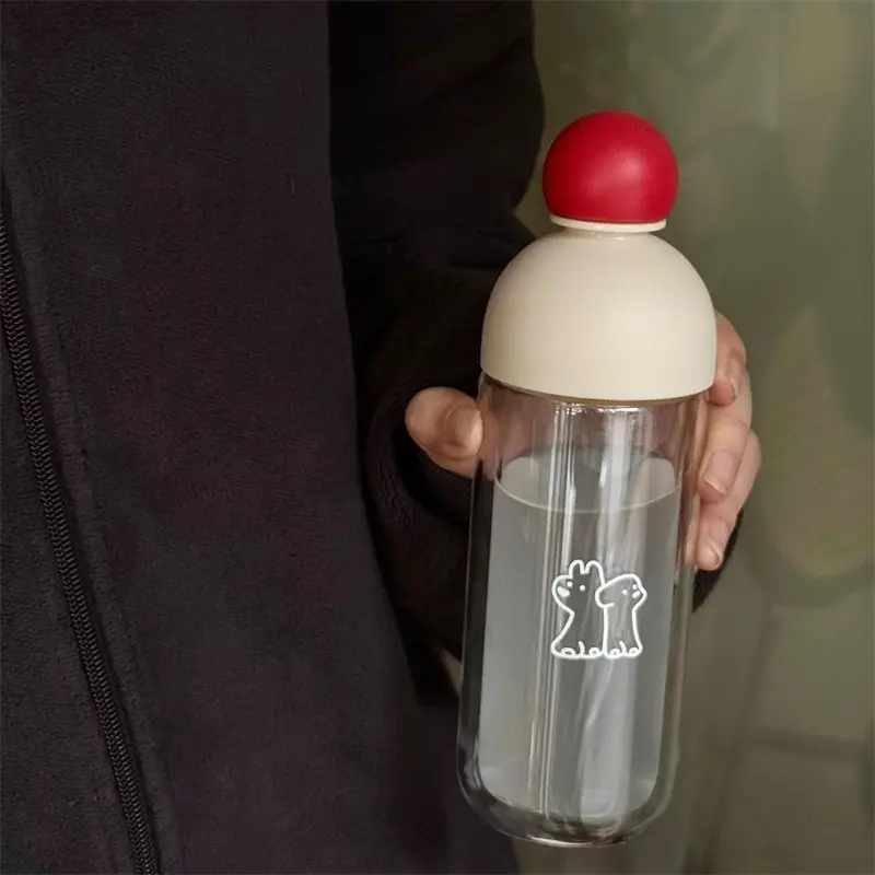 Cute Glass Coffee Cup Aesthetic Tumblers With Lid 220/330ml Glass Double Wall Tea Cup Glass Water Bottle BPA Free Christmas Gift