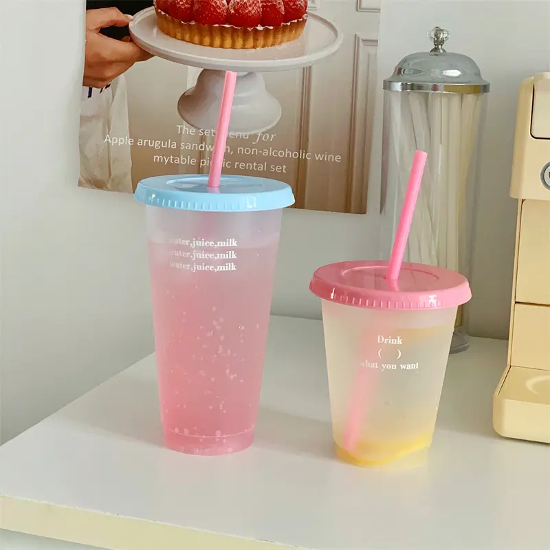 Kawaii Water Bottle With Straw Lid Cute Tumbler For Cold Coffee Juice Tea Plastic Cup Portable Reusable Drinking Bottle BPA Free