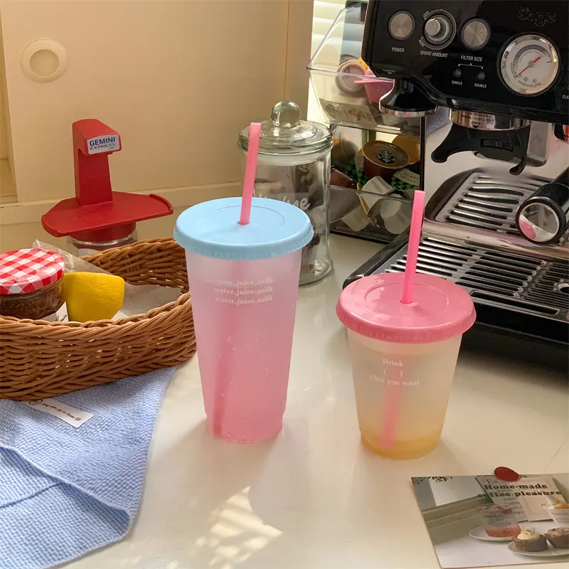 Kawaii Water Bottle With Straw Lid Cute Tumbler For Cold Coffee Juice Tea Plastic Cup Portable Reusable Drinking Bottle BPA Free