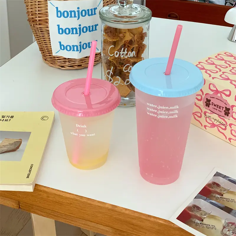 Kawaii Water Bottle With Straw Lid Cute Tumbler For Cold Coffee Juice Tea Plastic Cup Portable Reusable Drinking Bottle BPA Free