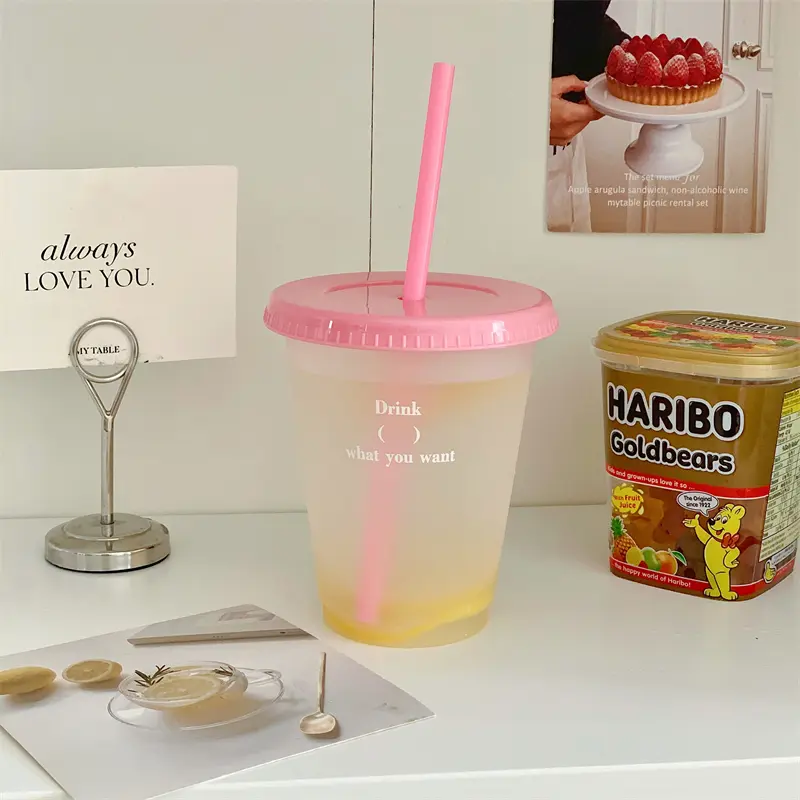 Kawaii Water Bottle With Straw Lid Cute Tumbler For Cold Coffee Juice Tea Plastic Cup Portable Reusable Drinking Bottle BPA Free