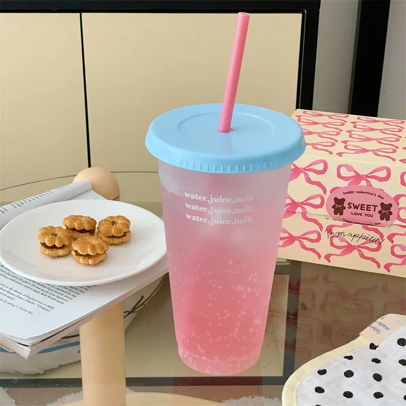 Kawaii Water Bottle With Straw Lid Cute Tumbler For Cold Coffee Juice Tea Plastic Cup Portable Reusable Drinking Bottle BPA Free