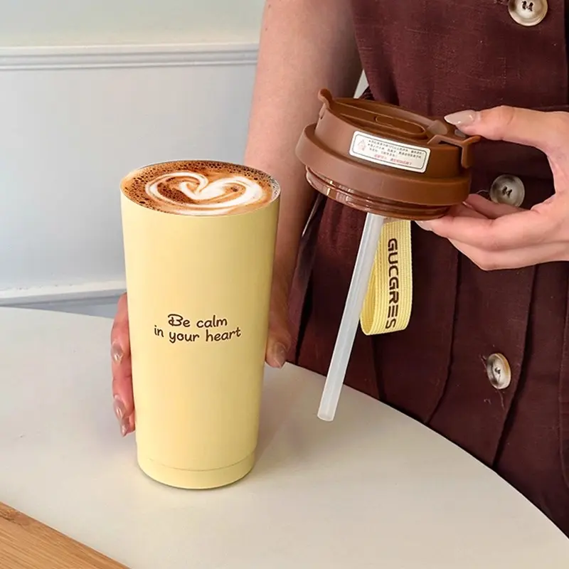 Luxury Thermal Coffee Cups Ceramic Tumbler Portable Water Bottle With Straw Stainless Steel Tea Thermos Bottle Women Men Gift