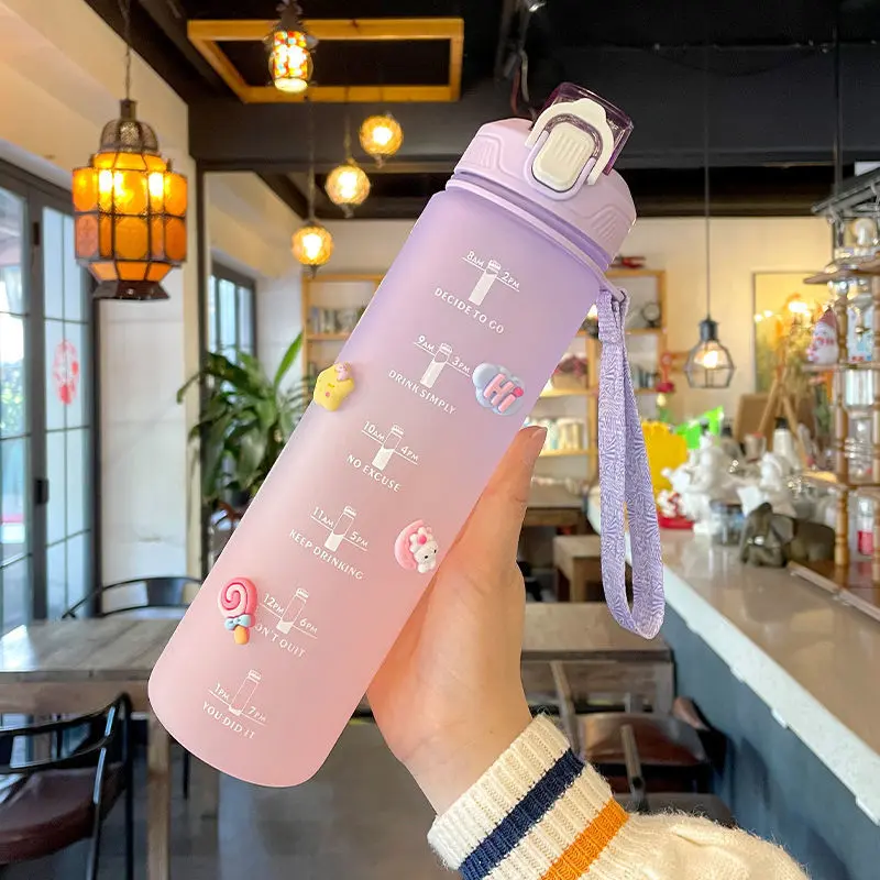 Kawaii Water Bottle 1 Litre Gym Sport Bottle Plastic Portable Travel Cup Outdoor Fitness Jugs School Drinking Bottles With Straw