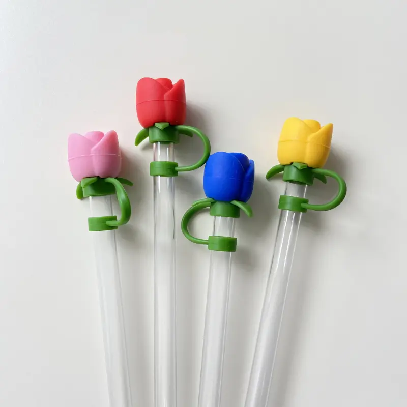 Cute Rose Straw Covers Caps Accessories For Stanley Tumbler Cup 40oz Kawaii Silicone Flower Thermos Straw Topper For 10mm Straws