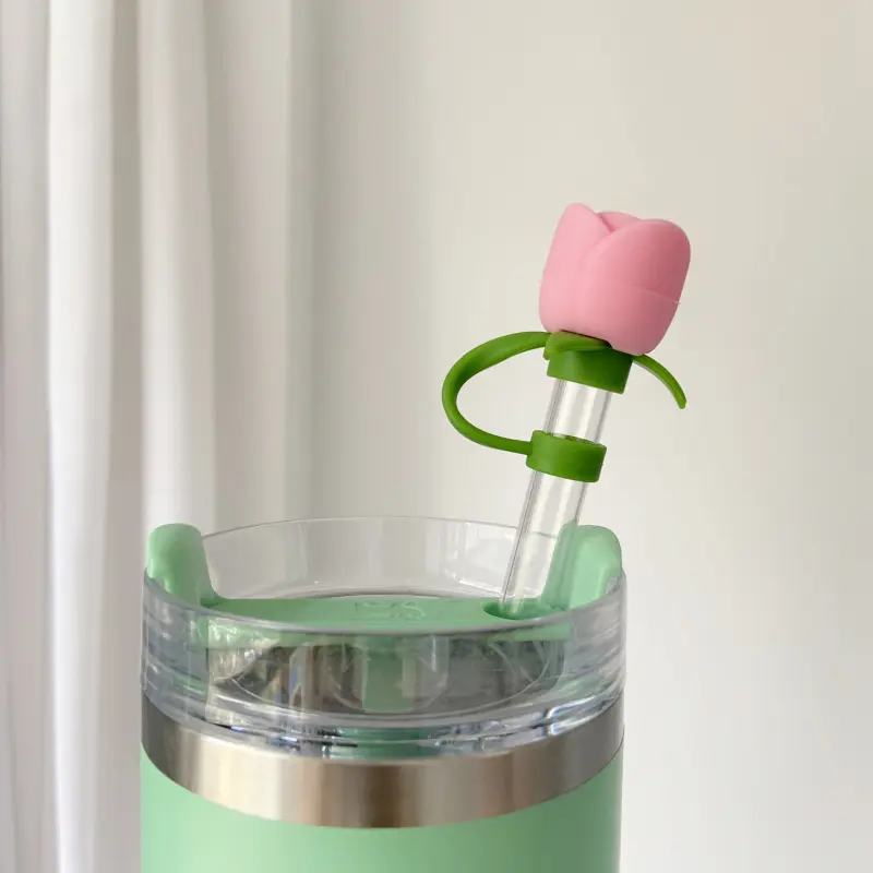 Cute Rose Straw Covers Caps Accessories For Stanley Tumbler Cup 40oz Kawaii Silicone Flower Thermos Straw Topper For 10mm Straws