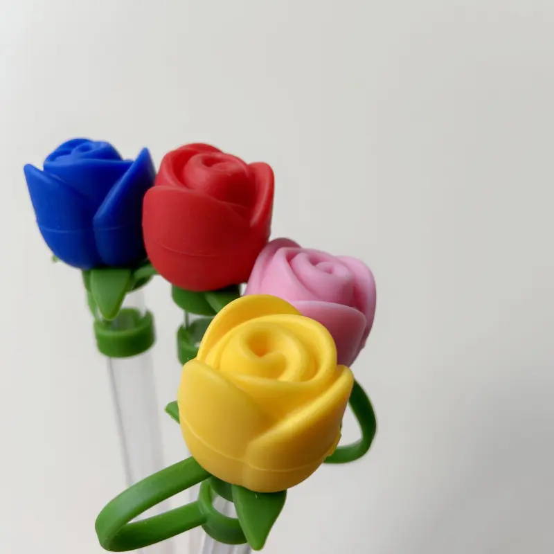 Cute Rose Straw Covers Caps Accessories For Stanley Tumbler Cup 40oz Kawaii Silicone Flower Thermos Straw Topper For 10mm Straws
