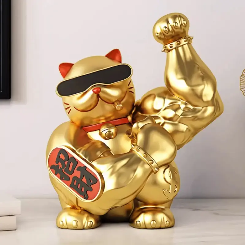 Abstract Big Arm Muscle Golden Cat Decor Statuette for Shop Living Room Lucky Cat Cartoon Animal Sculpture Vigorous Cat Statue