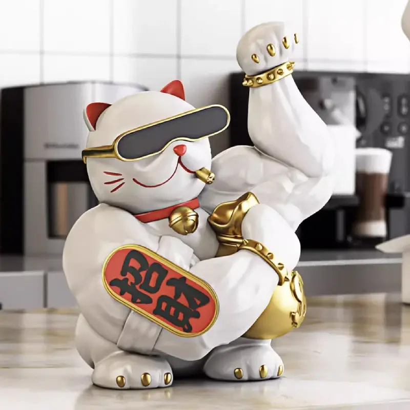 Abstract Big Arm Muscle Golden Cat Decor Statuette for Shop Living Room Lucky Cat Cartoon Animal Sculpture Vigorous Cat Statue