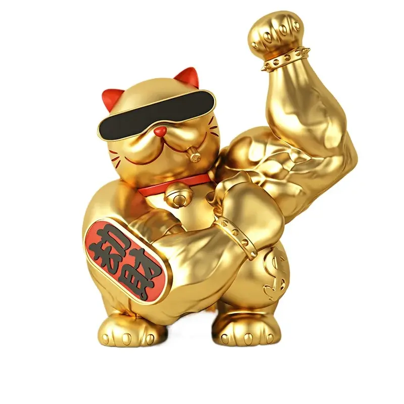 Abstract Big Arm Muscle Golden Cat Decor Statuette for Shop Living Room Lucky Cat Cartoon Animal Sculpture Vigorous Cat Statue