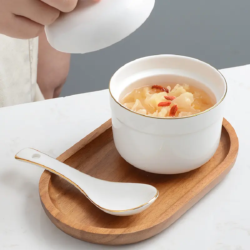 Round Gold-painted Soup Cup Steamed Bowl with Lid Stew with Tray Spoon Bird's Nest Sea Cucumber Steamed Egg Cup Dessert Stew Pot