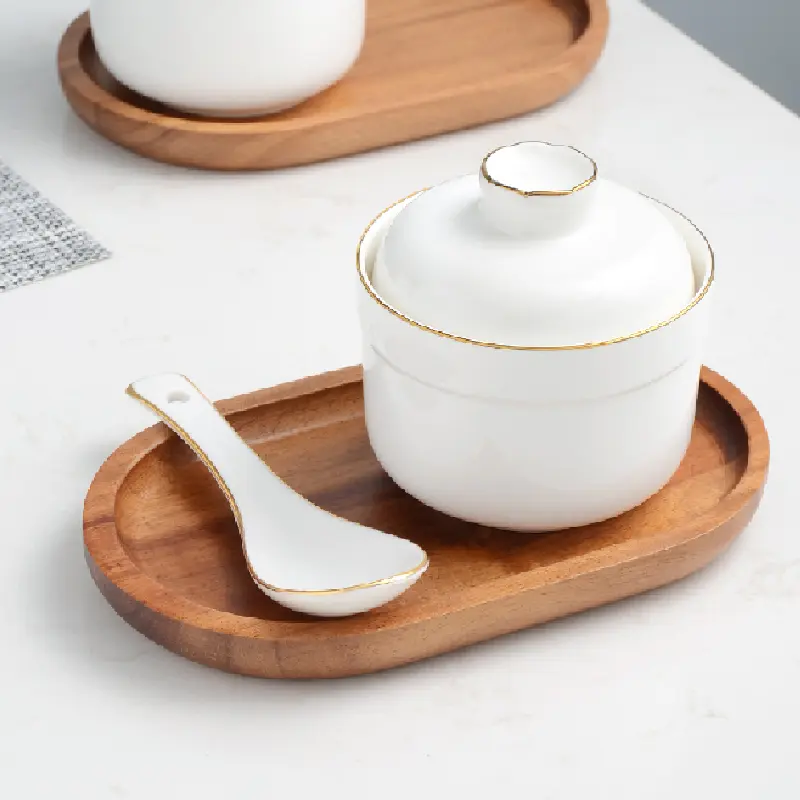 Round Gold-painted Soup Cup Steamed Bowl with Lid Stew with Tray Spoon Bird's Nest Sea Cucumber Steamed Egg Cup Dessert Stew Pot