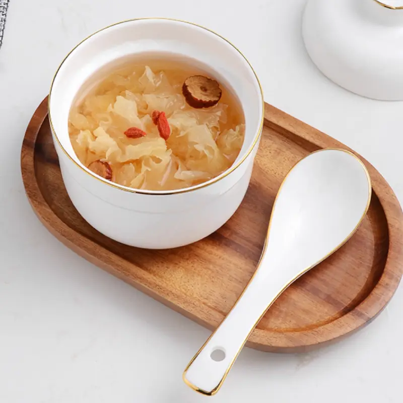 Round Gold-painted Soup Cup Steamed Bowl with Lid Stew with Tray Spoon Bird's Nest Sea Cucumber Steamed Egg Cup Dessert Stew Pot